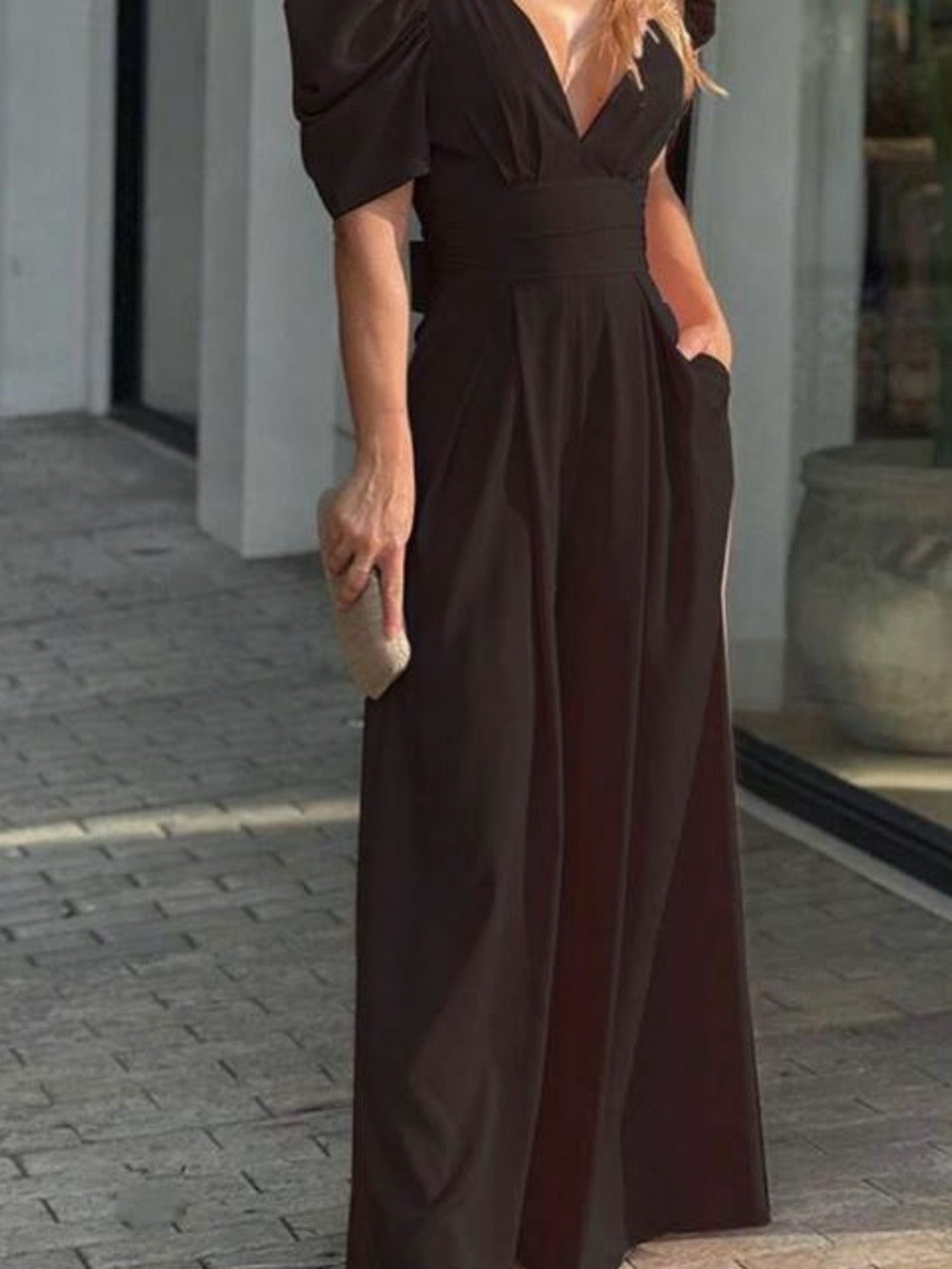 SHEIN Black Wide Leg Jumpsuit with Puff Sleeves